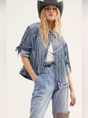 Free People We The Free After Hours Fringe Western Blue Denim Jacket Sz XS